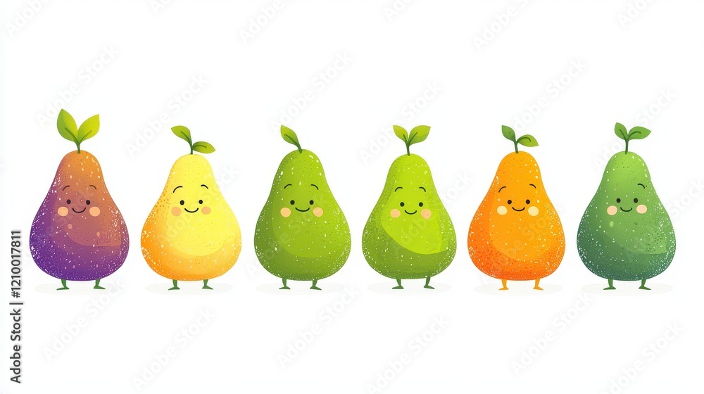 Poster cute and simple illustration of smooth and smiling avocado characters with vibrant colors and playfu