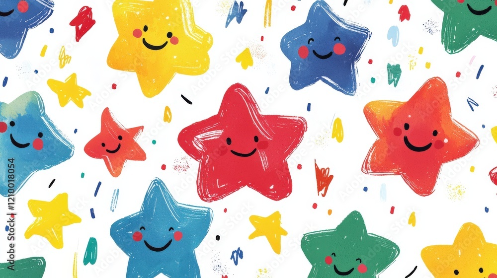 Aufkleber cute and simple illustration of small smiling star characters on a colorful background with joyful e