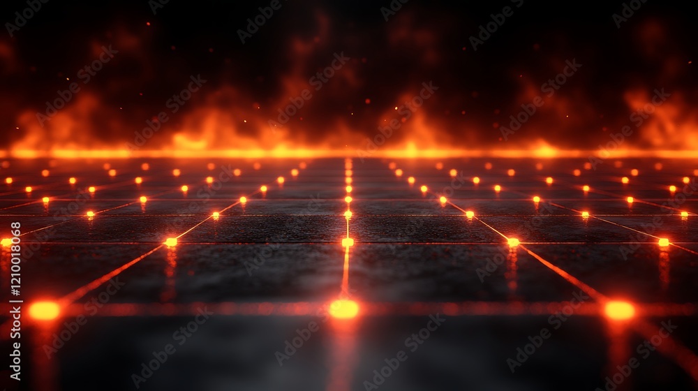 Poster burning grid: a fiery digital landscape with glowing red lines connecting flickering dots, set again