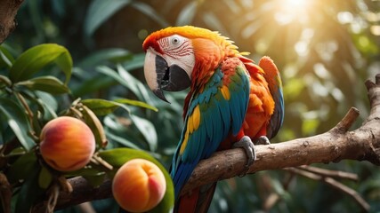 Obraz premium A vibrant parrot perched on a branch near ripe peaches in a lush, green setting.