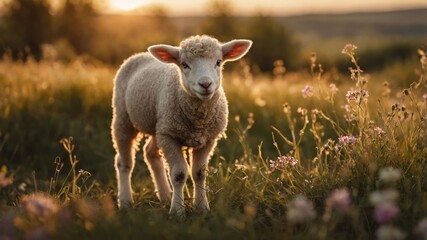 Obraz premium A young lamb stands in a sunlit meadow filled with flowers, capturing a serene moment in nature.
