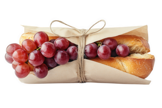 creatively wrapped sandwich with fresh red grapes. tied with twine. presenting a unique and appealing food arrangement this could symbolize a healthy snack or picnic option. blending savory and sweet