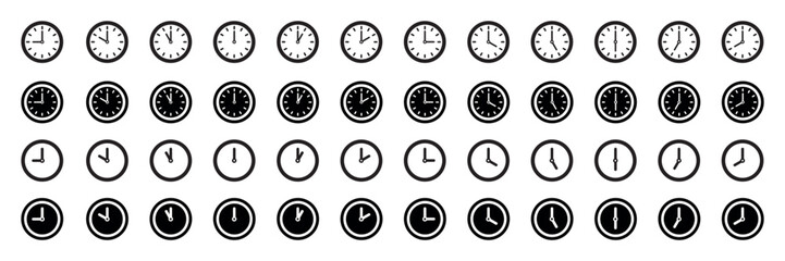 Set of time and clock icons. Analog clock, notifying each hour. Business watch. Speed time icon. Vector.