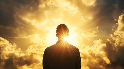 Silhouette of Man Gazing at Majestic Cloudscape with Sunbeams and Spiritual Ambiance : Generative AI