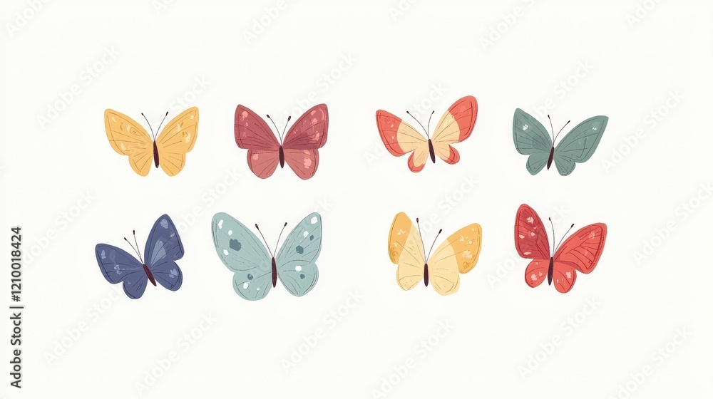 Poster cute and simple illustrations of tiny smiling butterflies on a soft cream background for kids and na