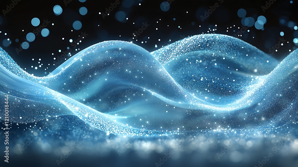 Poster celestial waves: abstract rendering of luminous, flowing blue waves shimmering with particles, evoki