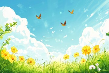 Summer sky background and flying flock of birds, illustration.