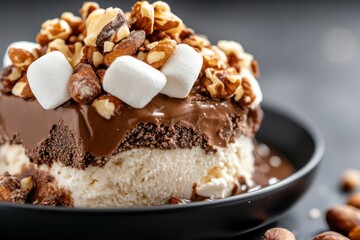 This sumptuous dessert presentation features creamy ice cream topped with nuts and marshmallows, promising a delightful mix of textures and flavors perfect for indulgence.