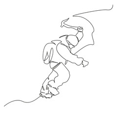 One continuous single drawing line art flat doodle adventure, winter, mountain climbing, challenge, ice axe, snow, sport climber. Isolated image hand draw contour on a white background, hand drawn, no