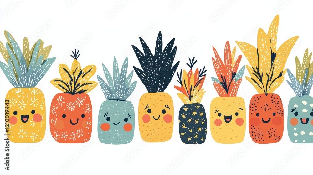 Poster adorable and simple illustration of tiny smiling pineapples with colorful leaves and charming expres