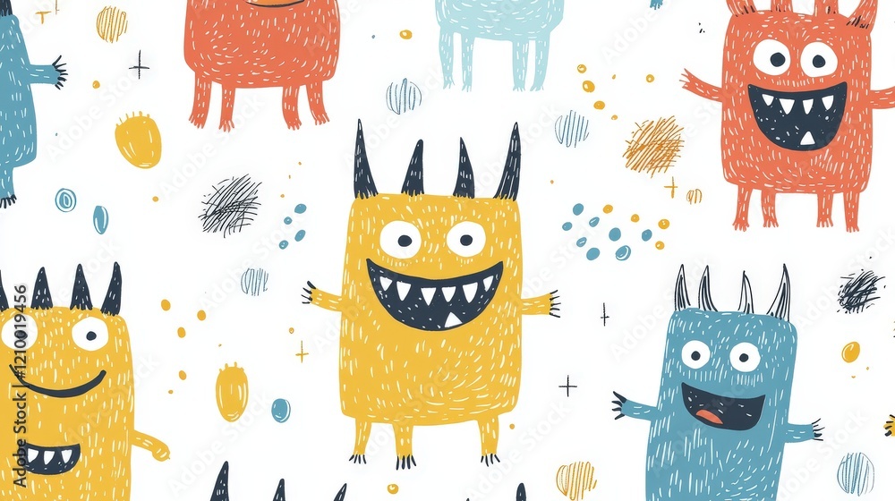 Aufkleber cute and simple illustration of tiny smiling monsters in playful colors and patterns on a white back