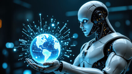 A humanoid robot holding a globe with an AI-inspired futuristic background.