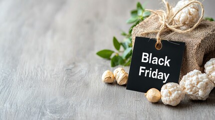 Fototapeta premium Black Friday sale gift box, wooden background, snacks