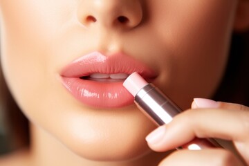 Naklejka premium Cosmetics lipstick applying holding