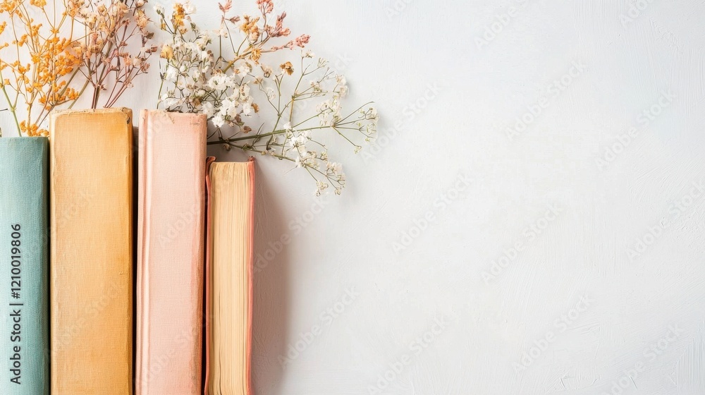 Poster stack of books on desk in cozy and minimalist workspace for reading and learning