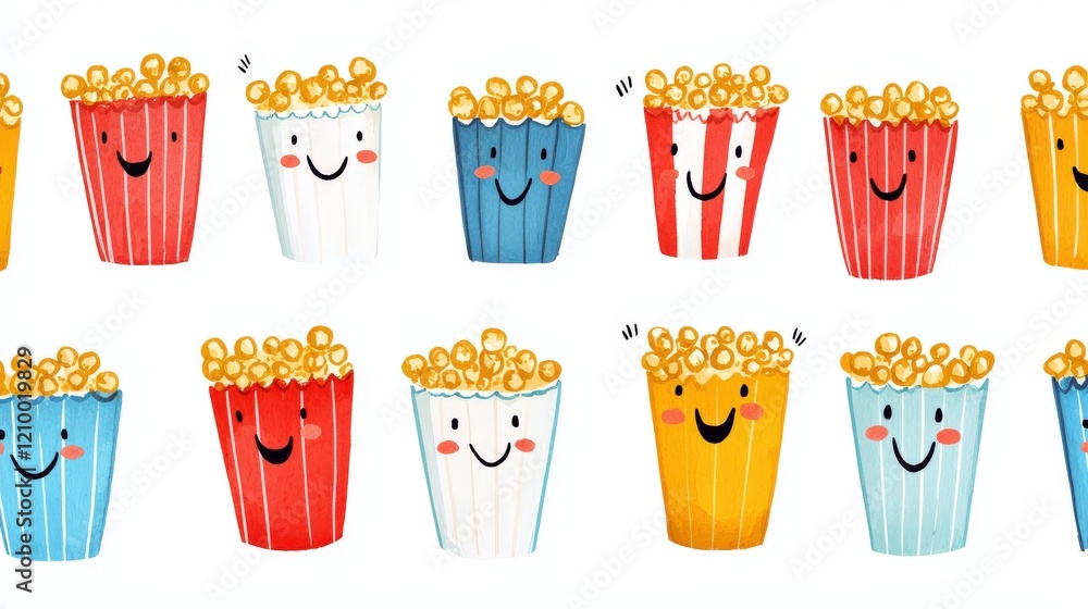 Aufkleber cute and simple illustration of tiny smiling popcorn characters in colorful boxes on a white backgro