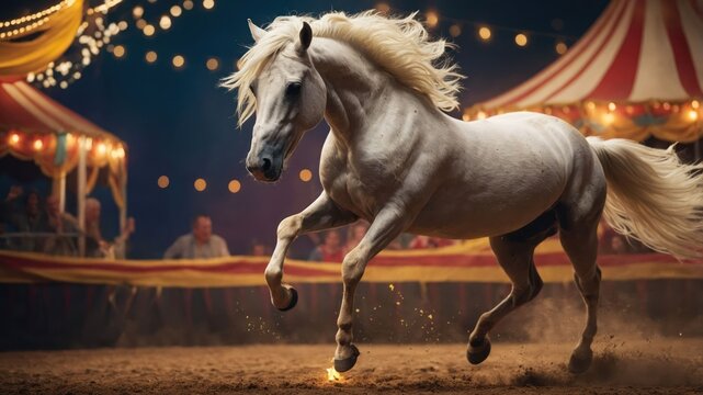 A majestic white horse gallops gracefully in a circus setting, surrounded by colorful lights.