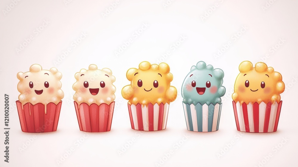 Poster cute and simple illustration of tiny smiling popcorn characters in various cup styles and colors