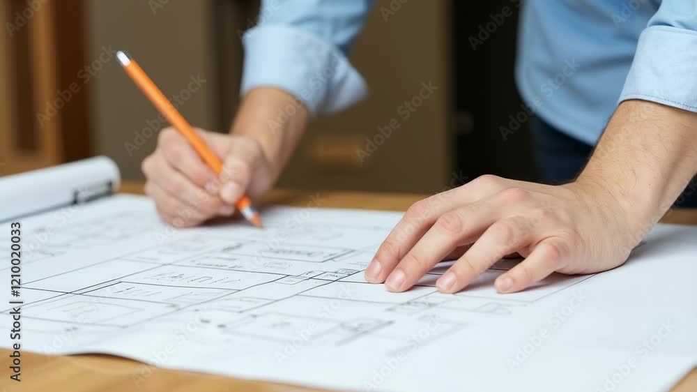 Poster architectural drafting: close-up of hands working on floor plans with pencil on blueprint paper in a
