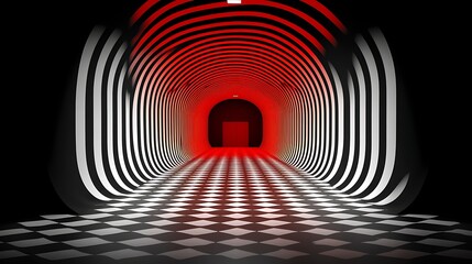 Red and White Tunnel: An abstract image of a long, curving tunnel with bold red and white stripes, creating a mesmerizing optical illusion. The checkered floor adds to the depth and intrigue.