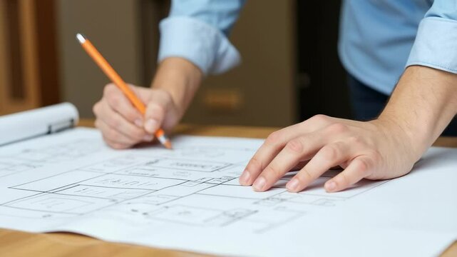 Architectural Drafting: Close-Up of Hands Working on Floor Plans with Pencil on Blueprint Paper in a Professional Setting