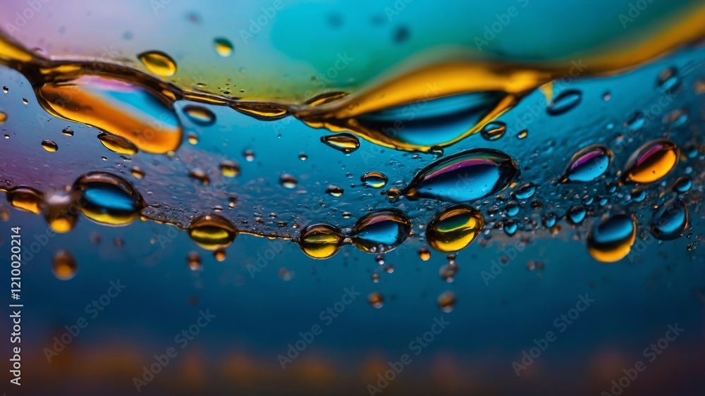 Poster unique abstract view of colorful water droplets on a surface with bright reflections in an artistic 