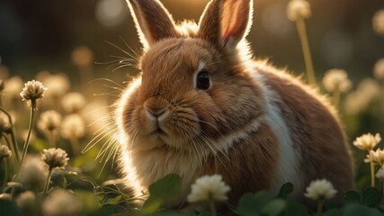 Obraz premium A cute rabbit sits among clover flowers during golden hour, showcasing nature's beauty.