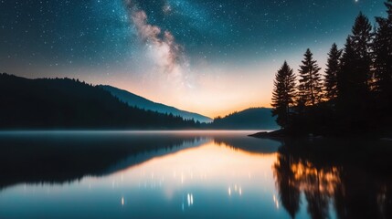 Mesmerizing Milky Way Reflection over Serene Lake in Enchanting Forest Landscape