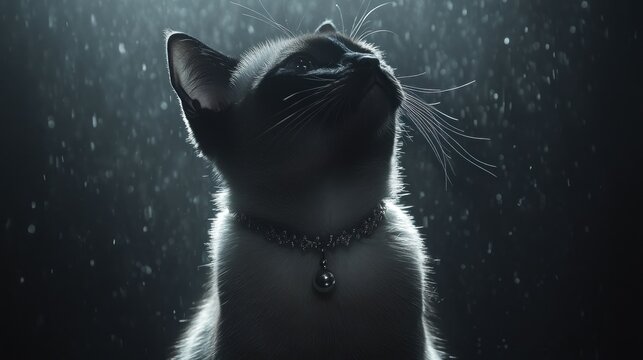 Elegant Siamese cat gazing upward, snow falling, dark background, pet portrait