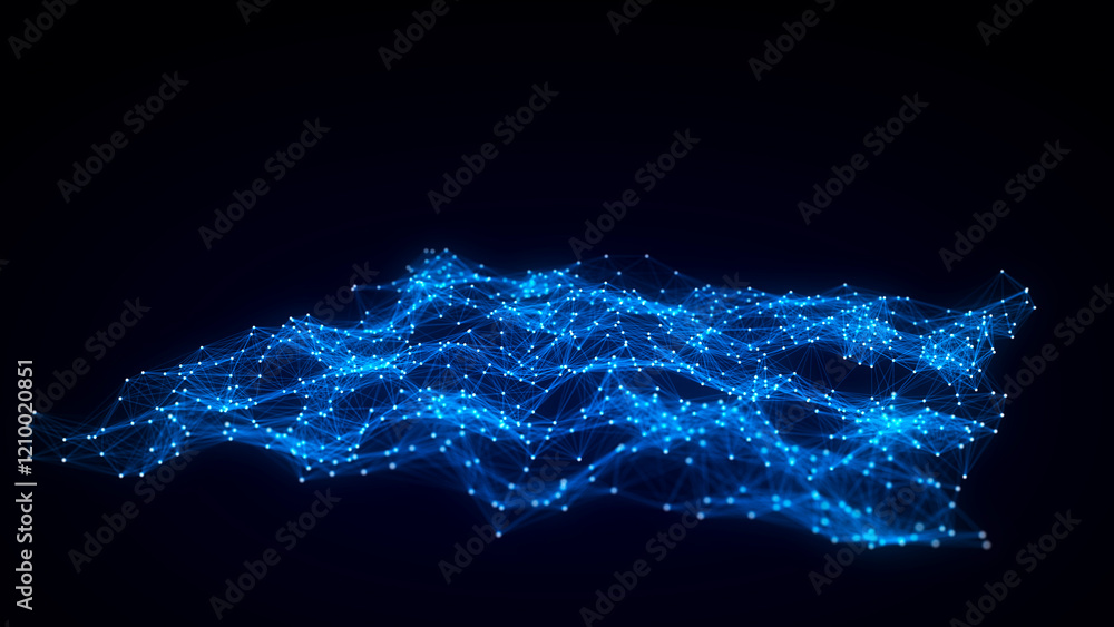 Aufkleber Blue wave of particles and lines. Big data visualization. Abstract background with a dynamic wave. 3d rendering.