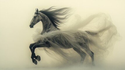 Fototapeta premium Majestic grey stallion leaps, flowing fabric, misty background, equine art