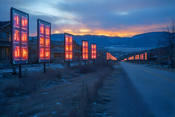 Obraz premium Luminous Sunset Landscape with Glowing Digital Signs along a Residential Path