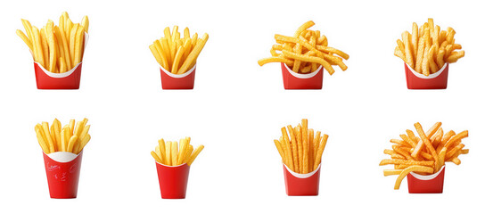 an arrangement of various servings of french fries presented in red containers. highlighting different styles and shapes of fries the visual emphasizes the appeal of fast food and snack culture