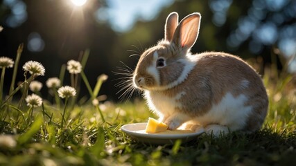 Fototapeta premium A rabbit enjoying a piece of cheese on a plate in a sunlit grassy field.