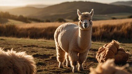 Fototapeta premium A serene landscape featuring an alpaca among fluffy animals at sunset.