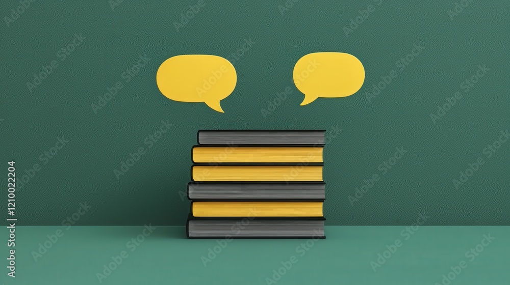 Poster four colorful books stacked with speech bubbles on a green background for conceptual communication v