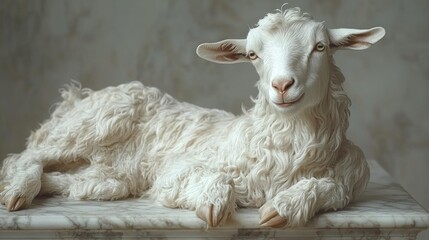 Fluffy white goat resting marble studio backdrop