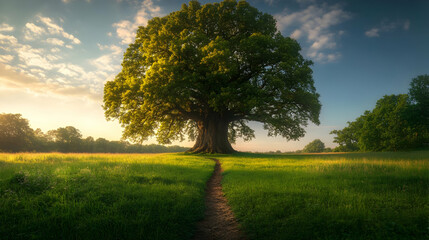 Majestic Oak Tree in a Sunlit Field at Sunrise