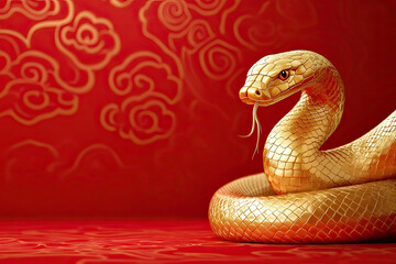 Fototapeta premium Happy Chinese New Year 3D Golden Snake Design With Text Space On Red Background