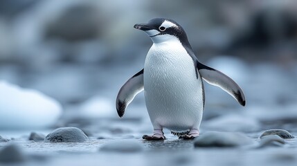 Fototapeta premium Antarctic Chinstrap Penguin chick waddling rocky shore, iceberg background, wildlife documentary