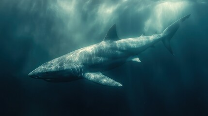 Fototapeta premium Oceanic shark swims, deep ocean, sunlit water, wildlife documentary