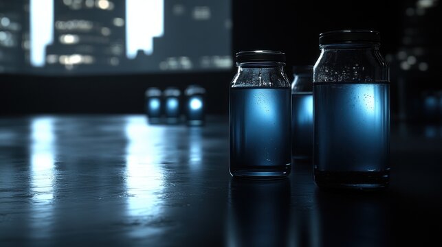 Glowing blue vials on city night backdrop