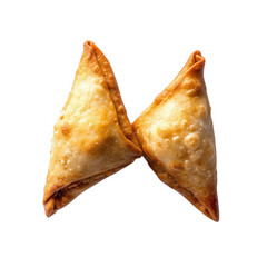 two golden-brown. triangular pastries. commonly known as samosas they have a crispy exterior with a slightly flaky texture. indicating they are freshly fried these savory snacks are often filled with