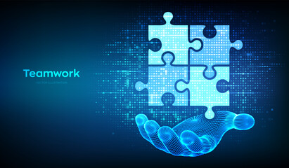 Teamwork icon made with currency symbols in hand. Business Partnership. Global financial cooperation. Puzzle Team elements. Dollar, euro, yen and pound icons. Background with currency signs. Vector.