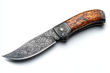A beautifully crafted folding knife with ornate detailing and a wooden handle.