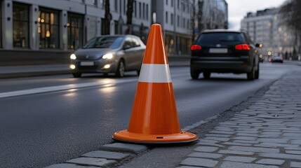 Close-up view of a traffic cone beside a fast-moving SUV on an asphalt road, highlighting a crack in the surface in an urban environment