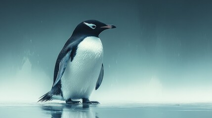 Obraz premium Antarctic penguin standing on ice, snowy background, wildlife documentary