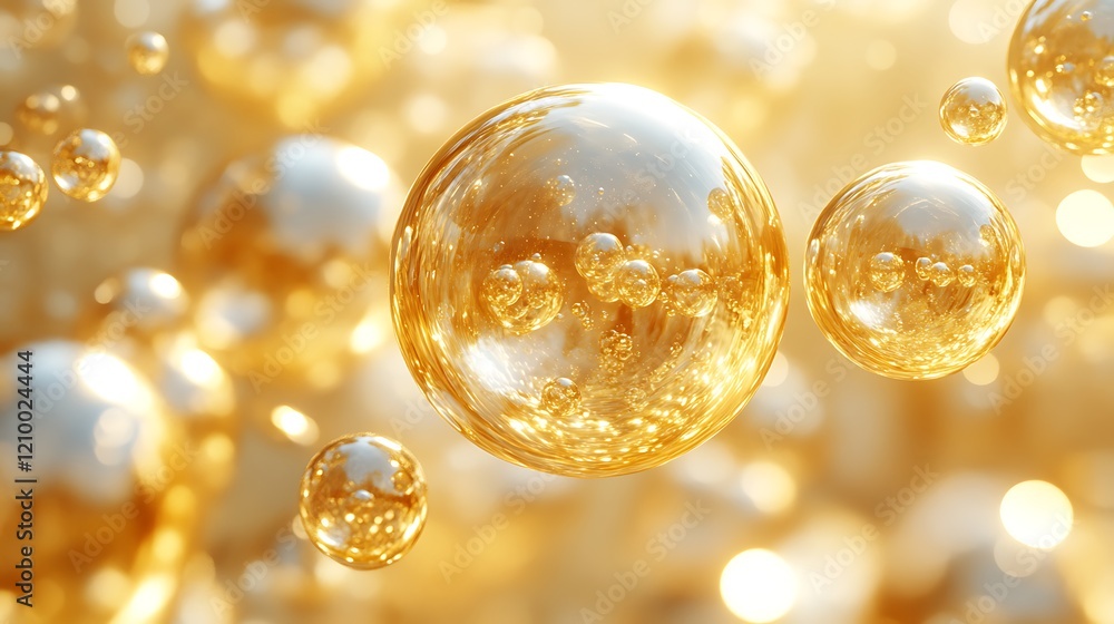 Poster golden bubbles abstract: shimmering, translucent golden bubbles float in a mesmerizing abstract arra