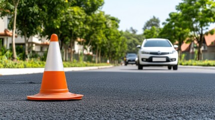 Close-up view of a traffic cone beside a fast-moving SUV on an asphalt road, highlighting a crack in the surface in an urban environment