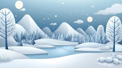 Serene snow-covered mountains depicted through advanced 3D graphics.